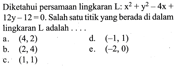 Diketahui persamaan lingkaran L: x^2+y^2-4x+12y-12=0. Salah satu titik yang berada di dalam lingkaran L adalah ....