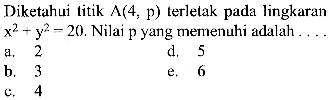 Diketahui titik A(4, p) terletak pada lingkaran x^2+y^2=20. Nilai p yang memenuhi adalah....