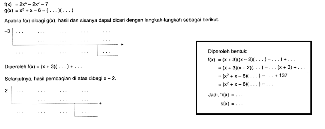 f(x)=2x^4-2x^2-7 g(x)=x^2+x-6= (...)(...) Apabila f(x) dibagi g(x), hasil dan sisanya dapat dicari dengan langkah-langkah sebagai berikut. -3 ... ... ... ... ... ... ... ... ... + ... ... ... ... ... Diperoleh f(x)=(x+3)(...)+... Selanjutnya, hasil pembagian di atas dibagi x-2. 2 ... ... ... ... ... ... ... + ... ... ... ... Diperoleh bentuk: f(x)=(x+3)((x-2)(...)-...)+... =(x+3)(x-2)(...)-...(x+3)+... =(x^2+x-6)(...)+137 =(x^2+x-6)(...)-... Jadi, h(x)=... s(x)=...