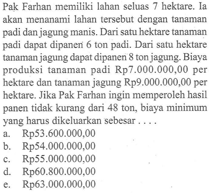 Pak Farhan memiliki lahan seluas 7 hektare. Ia akan menanami lahan tersebut dengan tanaman padi dan jagung manis. Dari satu hektare tanaman padi dapat dipanen 6 ton padi. Dari satu hektare tanaman jagung dapat dipanen 8 ton jagung. Biaya produksi tanaman padi Rp7.000.000,00 per hektare dan tanaman jagung Rp9.000.000,00 per hektare. Jika Pak Farhan ingin memperoleh hasil panen tidak kurang dari 48 ton, biaya minimum yang harus dikeluarkan sebesar . . . .