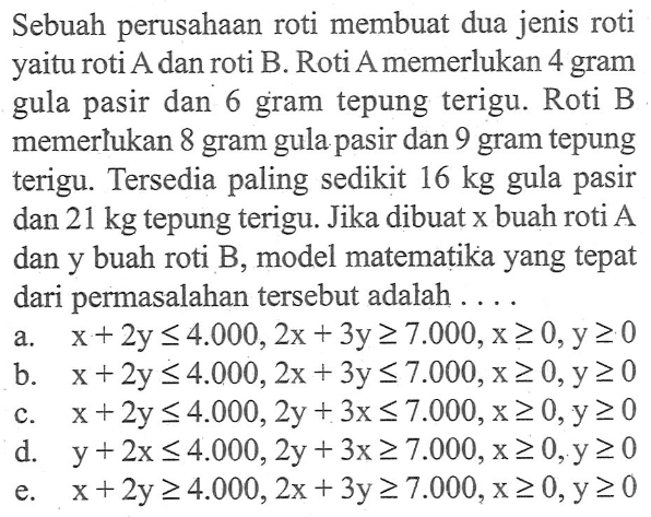 Sebuah perusahaan roti membuat dua jenis roti yaitu roti A dan roti B. Roti A memerlukan 4 gram gula pasir dan 6 gram tepung terigu. Roti B memerlukan 8 gram gula pasir dan 9 gram tepung terigu. Tersedia paling sedikit 16 kg gula pasir dan 21 kg tepung terigu. Jika dibuat x buah roti A dan y buah roti B, model matematika yang tepat dari permasalahan tersebut adalah ....