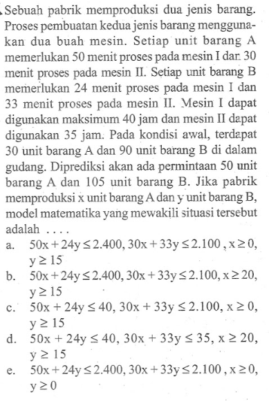 Sebuah pabrik memproduksi dua jenis barang. Proses pembuatan kedua jenis barang menggunakan dua buah mesin. Setiap unit barang A memerlukan 50 menit proses pada mesin I dan 30 menit proses pada mesin II. Setiap unit barang B memerlukan 24 menit proses pada mesin I dan 33 menit proses pada mesin II. Mesin I dapat digunakan maksimum 40 jam dan mesin II depat digunakan 35 jam. Pada kondisi awal, terdapat 30 unit barang A dan 90 unit barang B di dalam gudang. Diprediksi akan ada permintaan 50 unit barang A dan 105 unit barang B. Jika pabrik memproduksi X unit barang A dan y unit barang B, model matematika yang mewakili situasi tersebut adalah... a. 50x + 24y <= 2.400, 30x + 33y <= 2.100, x >= 0, y >= 15 b. 50x + 24y <= 2.400, 30x + 33y <= 2.100, x >= 20, y >= 15 c. 50x + 24y <= 40, 30x + 33y <= 2.100, x >= 0, y >= 15 d. 50x + 24y <= 40, 30x + 33y <= 35, x >= 20, y >= 15 e. 50x + 24y <= 2.400, 30x + 33y <= 2.100, x >= 0, y >= 0