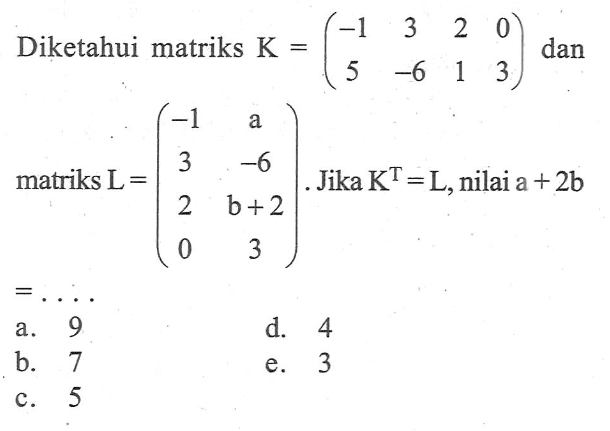 Diketahui matriks K = (-1 3 2 0 5 -6 1 3) dan matriks L = (-1 a 3 -6 2 b+2 0 3). Jika K^T=L, nilai a+2b = ....