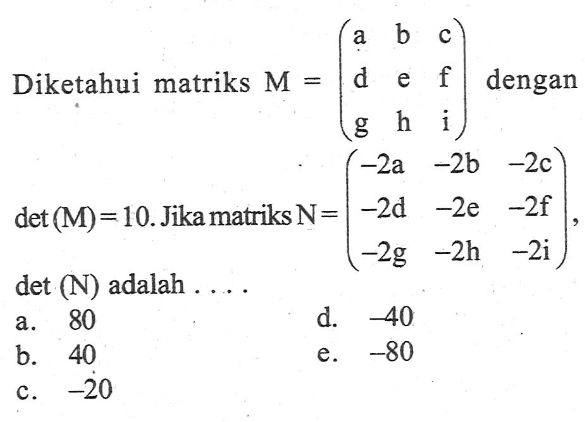 Diketahui matriks M=(a b c d e f g h i) dengan det(M)=10. Jika matriks N=(-2a -2b -2c -2d -2e -2f -2g -2h -2i), det(N) adalah . . . .