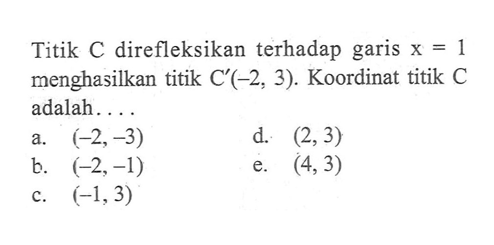 Titik C direfleksikan terhadap garis x=1 menghasilkan titik C'(-2, 3). Koordinat titik C adalah . . . .