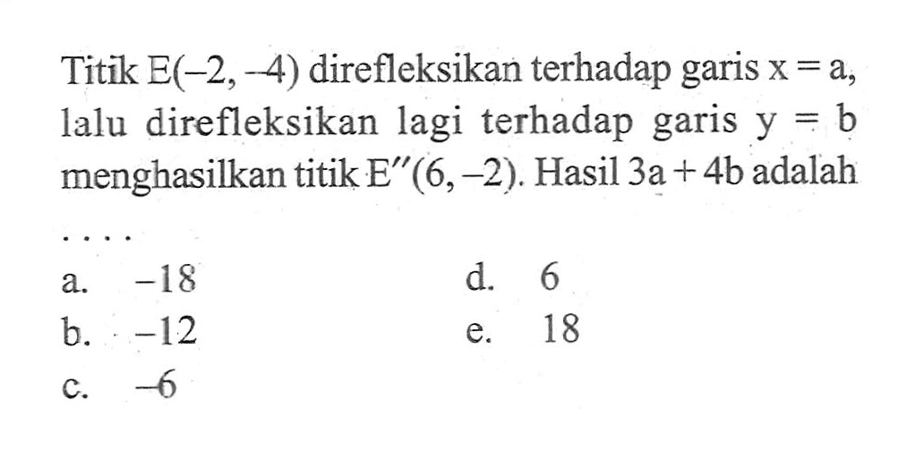 Titik E(-2,-4) direfleksikan terhadap garis x=a, lalu direfleksikan lagi terhadap garis y=b menghasilkan titik E" (6,-2). Hasil 3a+4b adalah . . . .