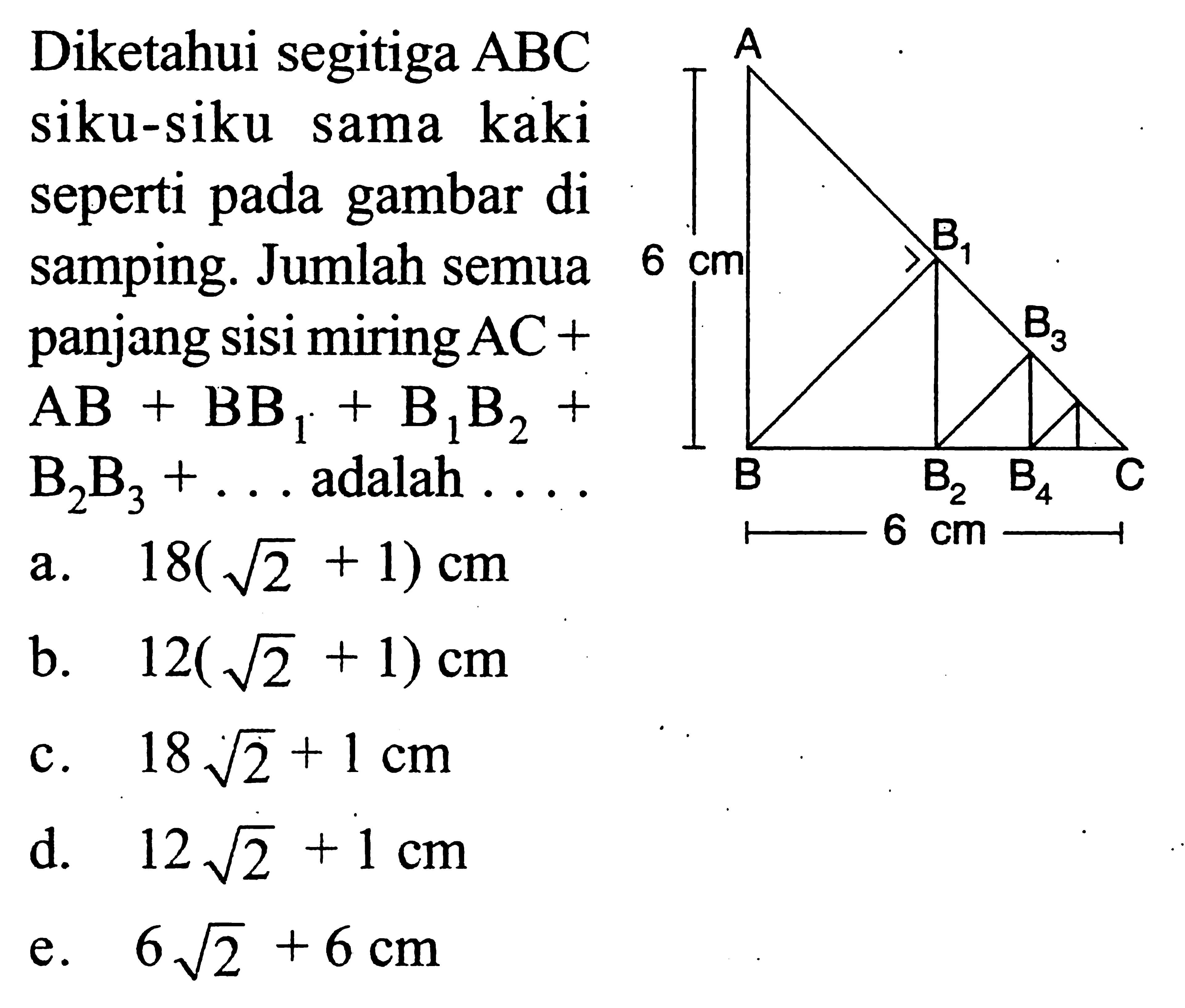 Diketahui segitiga  ABC  seperti pada gambar di samping. Jumlah semua panjang sisi miring  AC+AB+BB1+B1 B2+B2B3+...  adalah...