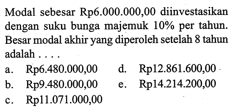 Modal sebesar Rp6.000.000,00 diinvestasikan dengan suku bunga majemuk 10% per tahun. Besar modal akhir yang diperoleh setelah 8 tahun adalah ....