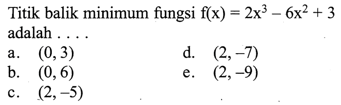 Titik balik minimum fungsi f(x)=2x^3-6x^2+3 adalah . . .