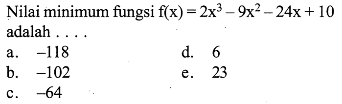 Nilai minimum fungsi f(x)=2x^3-9x^2-24x+10 adalah ....