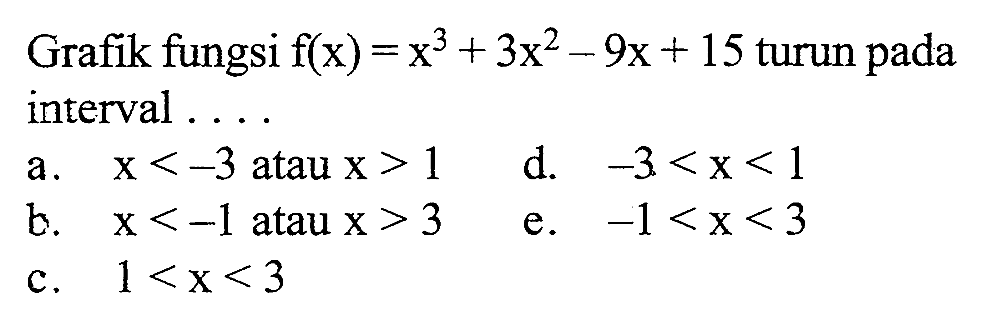 Grafik fungsi f(x)=x^3+3x^2-9x+15 turun pada interval 