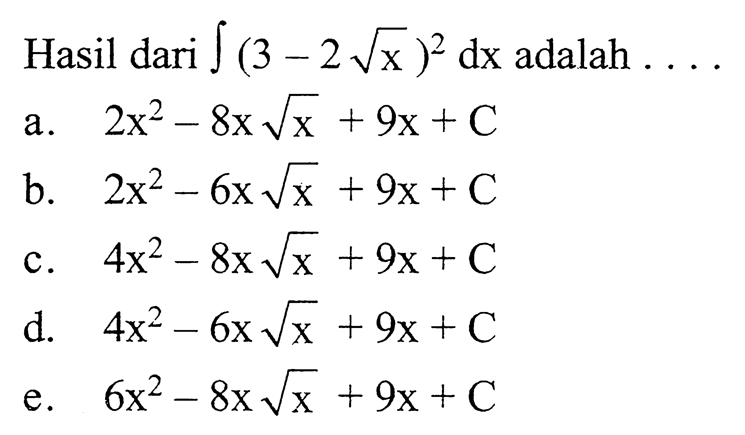 Hasil dari integral (3-2 akar(x))^2 dx adalah ...