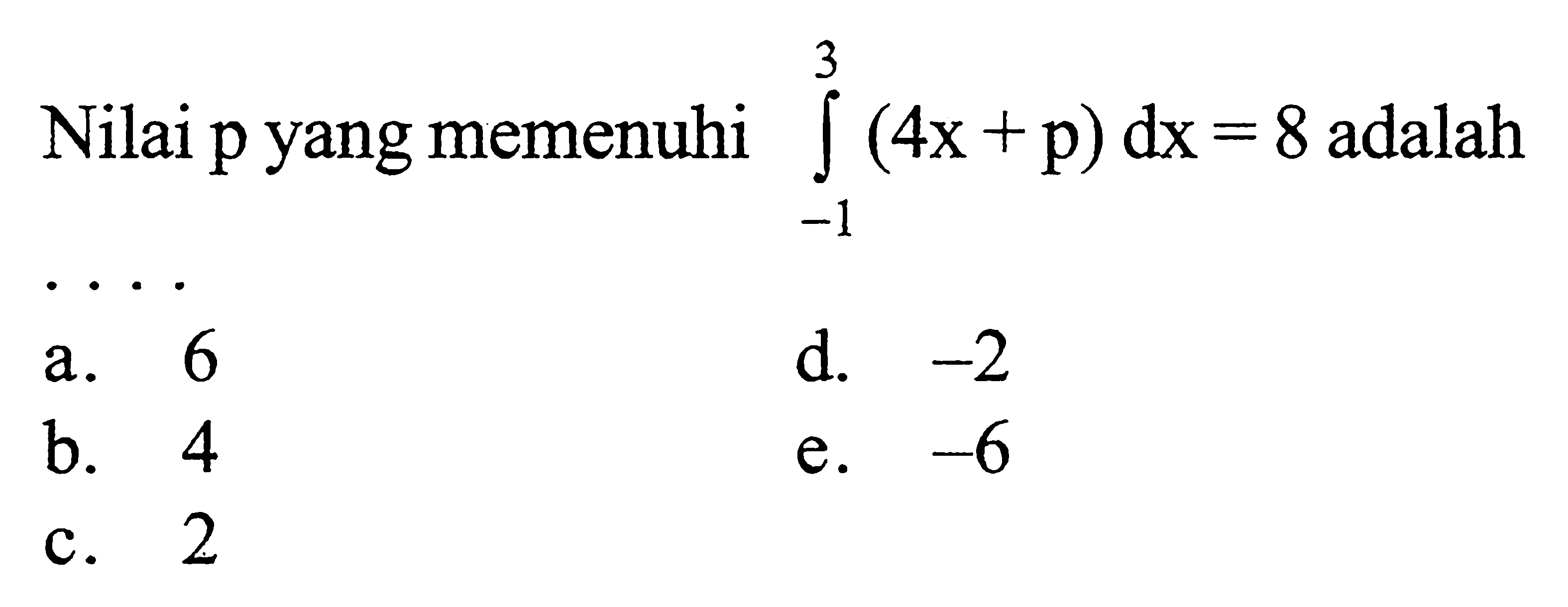 Nilai p yang memenuhi integral -1 3 (4x+p) dx=8 adalah...