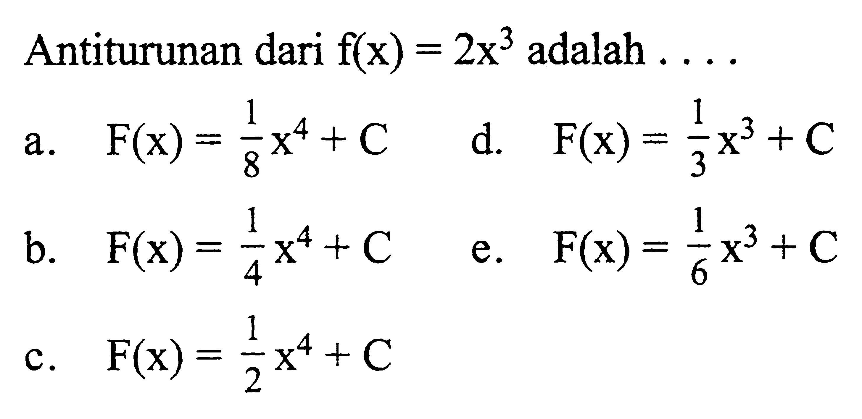 Antiturunan dari f(x)=2x^3 adalah ....