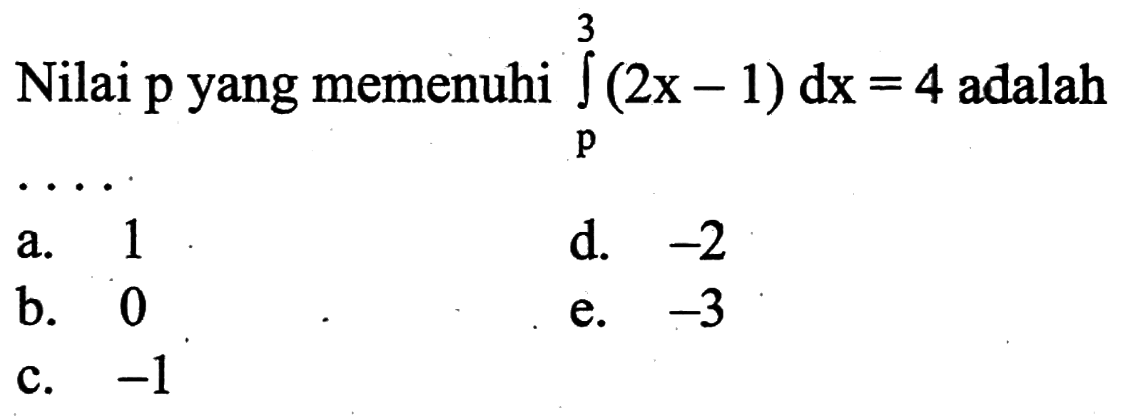 Nilai p yang memenuhi integral p 3 (2x-1) dx=4  adalah