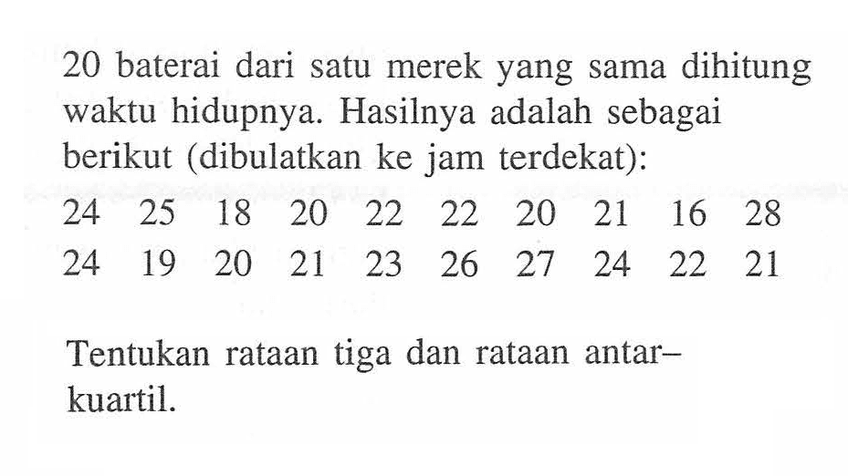 20 baterai dari satu merek yang sama dihitung waktu hidupnya. Hasilnya adalah sebagai berikut (dibulatkan ke jam terdekat): 24 25 18 20 22 22 20 21 16 28 24 19 20 21 23 26 27 24 22 21 Tentukan rataan tiga dan rataan antarkuartil.