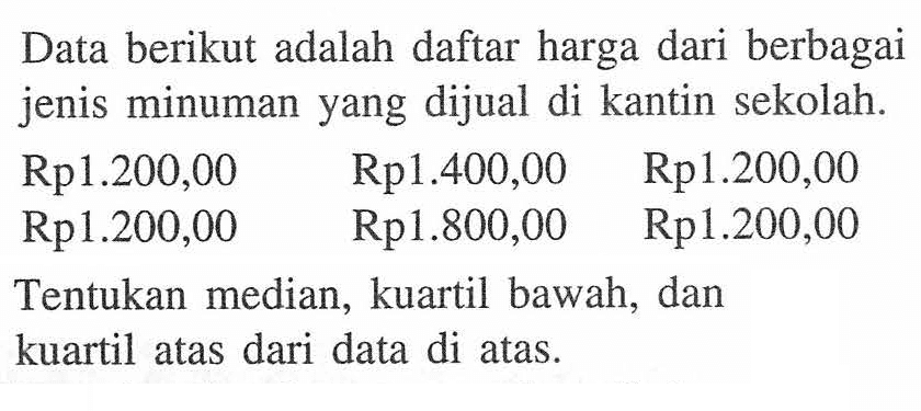 Data berikut adalah daftar harga dari berbagai jenis minuman yang dijual di kantin sekolah: Rp1.200,00 Rp1.400,00 Rp1.200,00 Rp1.200,00 Rp1.800,00 Rp1.200,00 Tentukan median, kuartil bawah, dan kuartil atas dari data di atas.