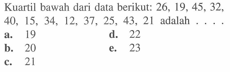 Kuartil bawah dari data berikut: 26,19,45,32,40,15,34,12,37,25,43,21 adalah ...