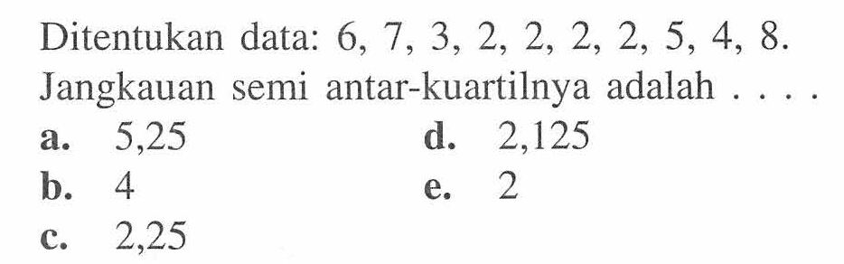 Ditentukan data: 6, 7, 3, 2, 2, 2, 2, 5, 4, 8. Jangkauan semi antar-kuartilnya adalah ....