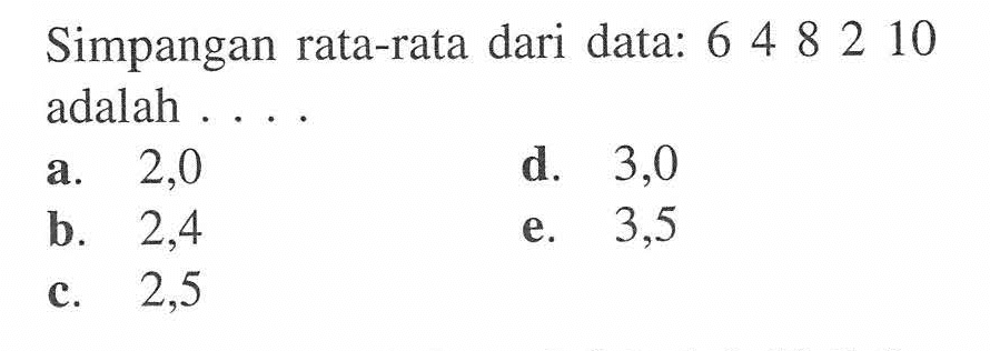 Simpangan rata-rata dari data: 6 4 8 2 10 adalah....