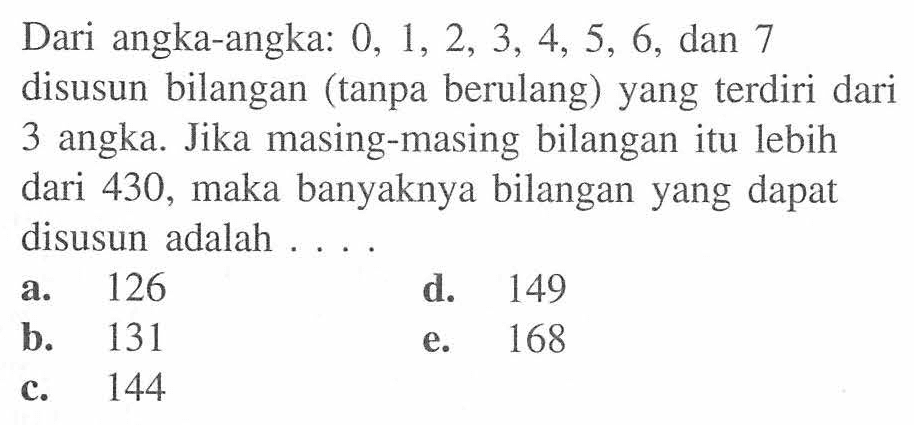 Dari angka-angka:  0,1,2,3,4,5,6 , dan 7 disusun bilangan (tanpa berulang) yang terdiri dari 3 angka. Jika masing-masing bilangan itu lebih dari 430, maka banyaknya bilangan yang dapat disusun adalah ....