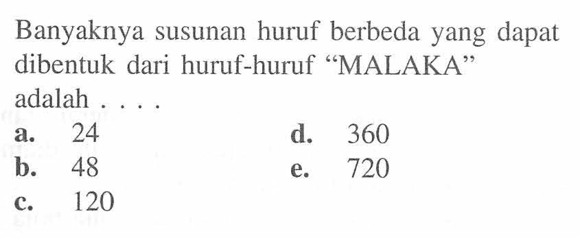 Banyaknya susunan huruf berbeda yang dapat dibentuk dari huruf-huruf 'MALAKA' adalah ...