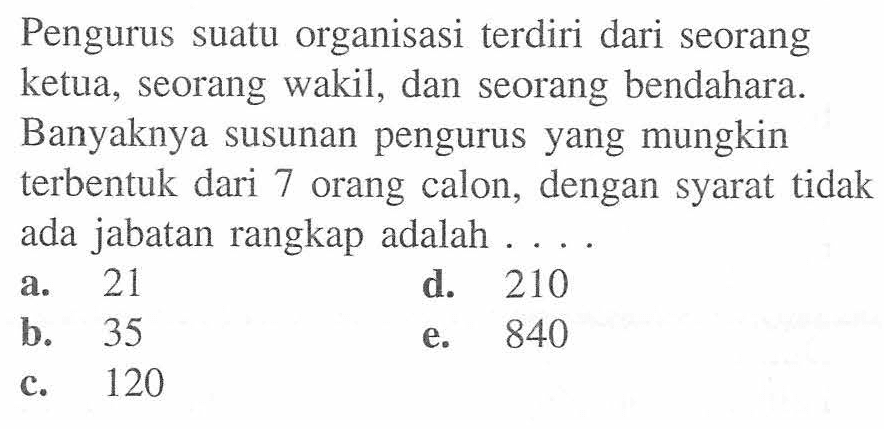 Pengurus suatu organisasi terdiri dari seorang ketua, seorang wakil, dan seorang bendahara. Banyaknya susunan pengurus yang mungkin terbentuk dari 7 orang calon, dengan syarat tidak ada jabatan rangkap adalah ... .