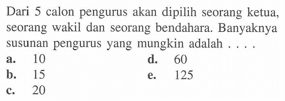 Dari 5 calon pengurus akan dipilih seorang ketua, seorang wakil dan seorang bendahara. Banyaknya susunan pengurus yang mungkin adalah ...