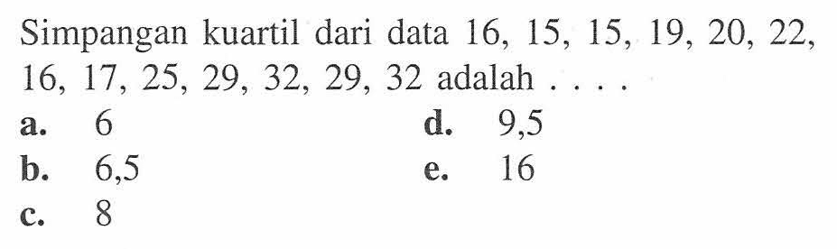 Simpangan kuartil dari data 16,15,15,19,20,22,16,17,25,29,32,29,32 adalah...