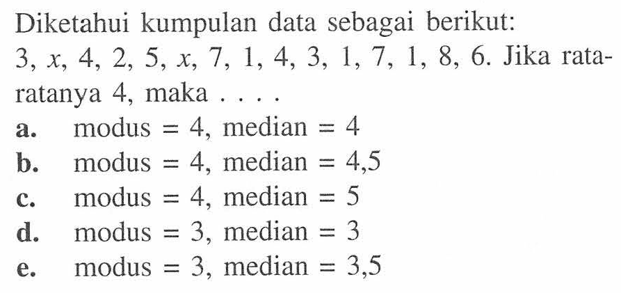 Diketahui kumpulan data sebagai berikut: 3,x,4,2,5,x,7,1,4,3,1,7,1,8,6. Jika rata-ratanya 4, maka .....