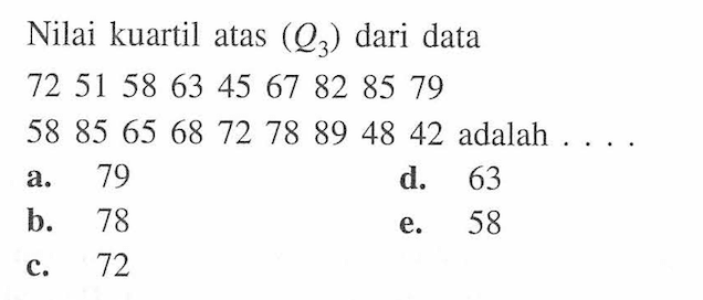 Nilai kuartil atas (Q3) dari data 72 51 58 63 45 67 82 85 79 58 85 65 68 72 78 89 48 42 adalah . . . .