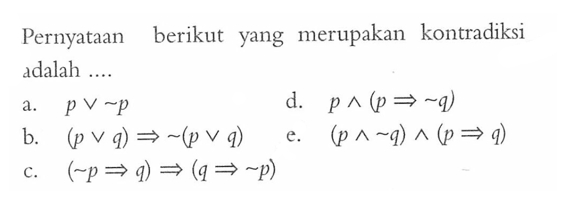 Pernyataan berikut yang merupakan kontradiksi adalah ....
a. pv~p b. (pvq) => ~(pvq) c. (~p=>q) =>(q=>~p) d. p^(p => ~q) e. (p^~q)^(p=>q) 