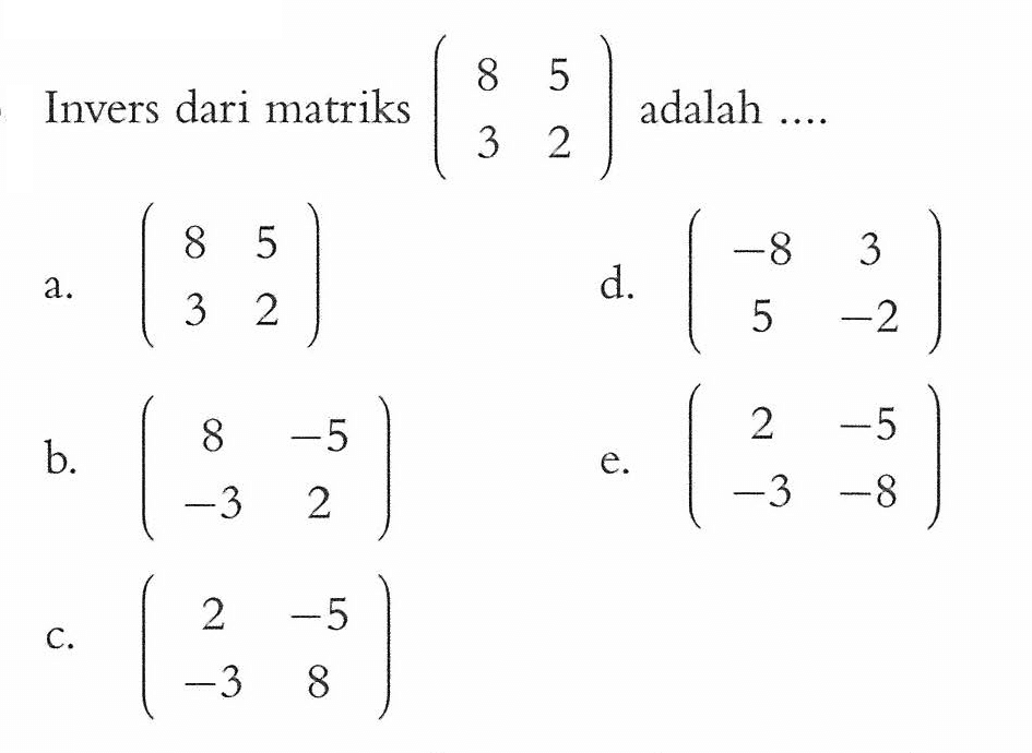 Invers dari matriks adalah ....