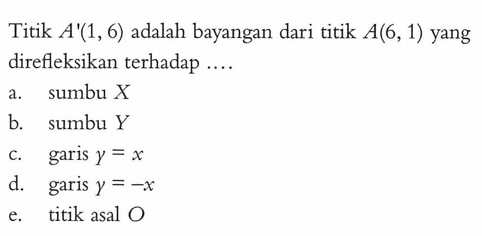 Titik A'(1, 6) adalah bayangan dari titik A(6, 1) yang direfleksikan terhadap ... 