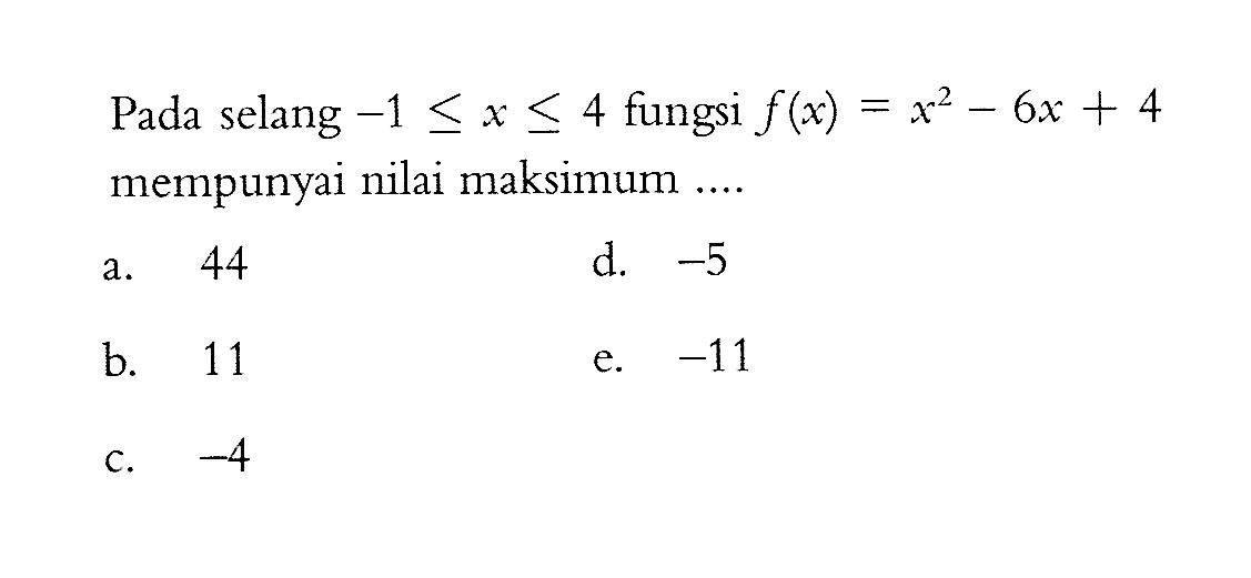 Pada selang -1 <= x <= 4 fungsi f(x)=x^2-6x+4 mempunyai nilai maksimum .... 