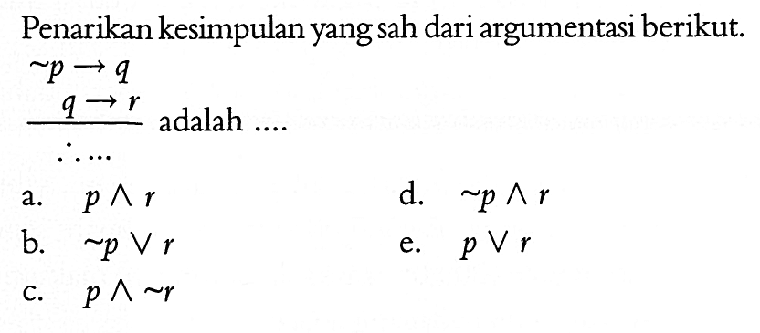 Penarikan kesimpulan yang sah dari argumentasi berikut. ~p->q    q ->r  adalah ....