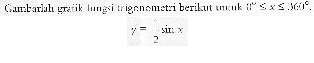 Gambarlah grafik fungsi trigonometri berikut untuk 0<=x<=360. y = 1/2 sin x