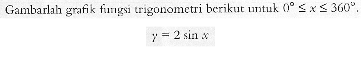 Gambarlah grafik fungsi trigonometri berikut untuk 0<=x<= 360. y=2 sin x 