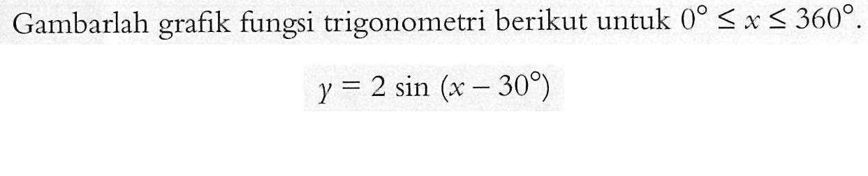 Gambarlah grafik fungsi trigonometri berikut untuk 0<=x<=360. y=2sin(x-30)