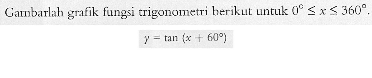 Gambarlah grafik fungsi trigonometri berikut untuk 0<=x<=360. y=tan(x+60)