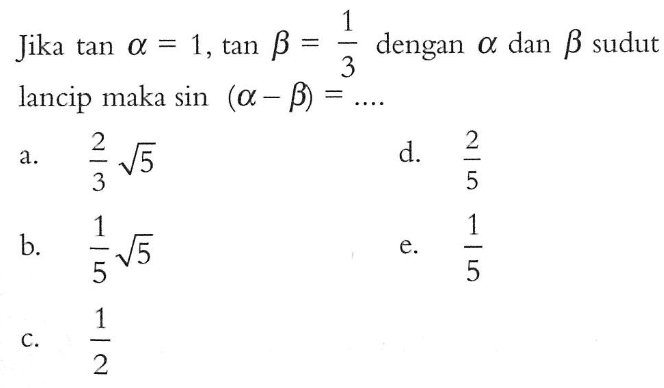 Jika tan a=1, tan b=1/3 dengan a dan b sudut lancip maka sin (a-b)= ....