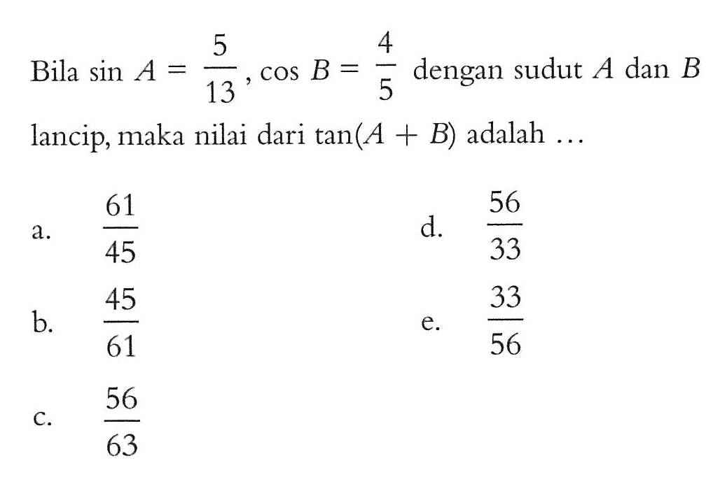 Bila sinA=5/(13), cosB=4/5 dengan sudut A dan B lancip, maka nilai dari tan(A+B) adalah ...