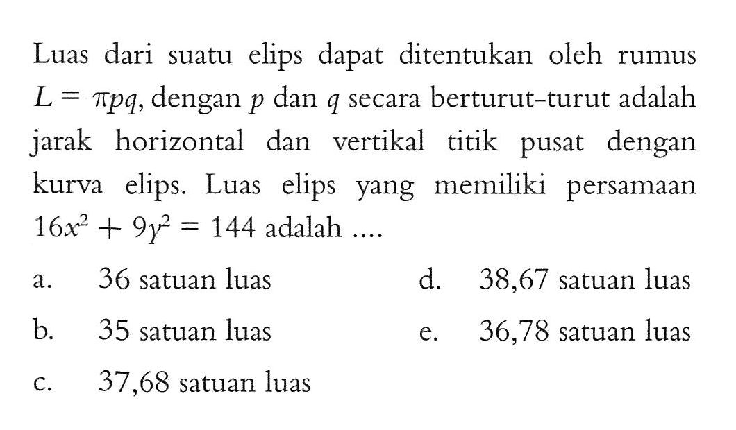 Luas dari suatu elips dapat ditentukan oleh rumus L=pi p q, dengan p dan q secara berturut-turut adalah jarak horizontal dan vertikal titik pusat dengan kurva elips. Luas elips yang memiliki persamaan 16x^2+9y^2=144 adalah.... 
