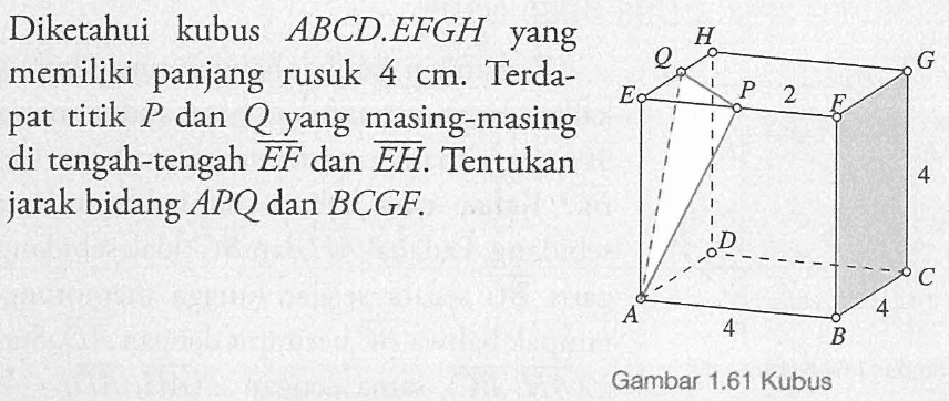 Diketahui kubus ABCD.EFGH yang memiliki panjang rusuk 4 cm. Terdapat titik P dan Q yang masing-masing di tengah-tengah EF dan EH. Tentukan jarak bidang APQ dan BCGF. 2 4 4 4