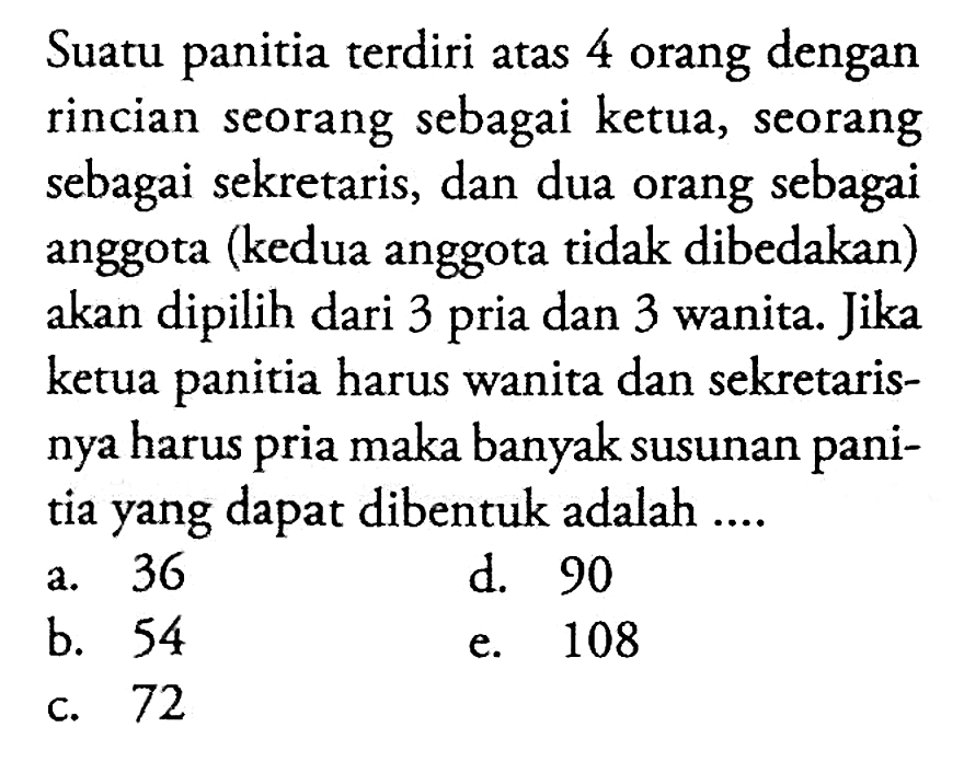 Suatu panitia terdiri atas 4 orang dengan rincian seorang sebagai ketua, seorang sebagai sekretaris, dan dua orang sebagai anggota (kedua anggota tidak dibedakan) akan dipilih dari 3 pria dan 3 wanita. Jika ketua panitia harus wanita dan sekretarisnya harus pria maka banyak susunan panitia yang dapat dibentuk adalah ....