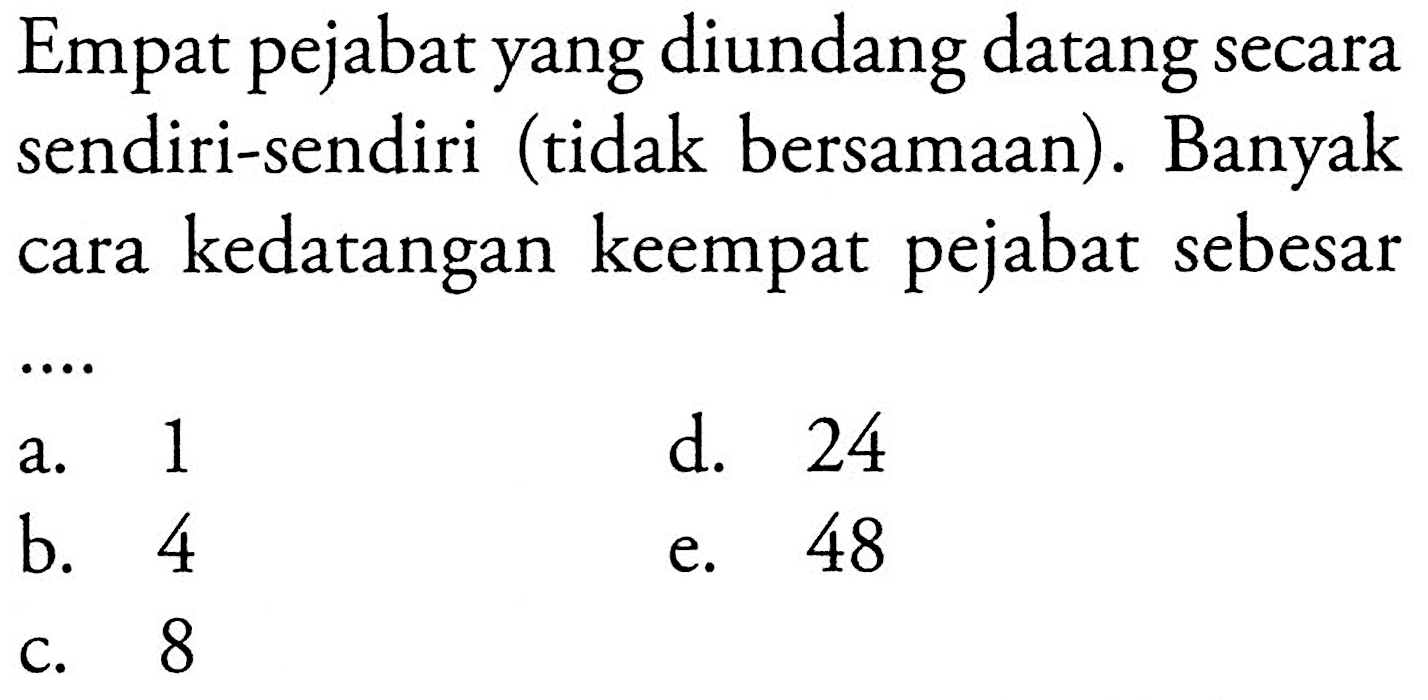 Empat pejabat yang diundang datang secara sendiri-sendiri (tidak bersamaan). Banyak cara kedatangan keempat pejabat sebesar ...
