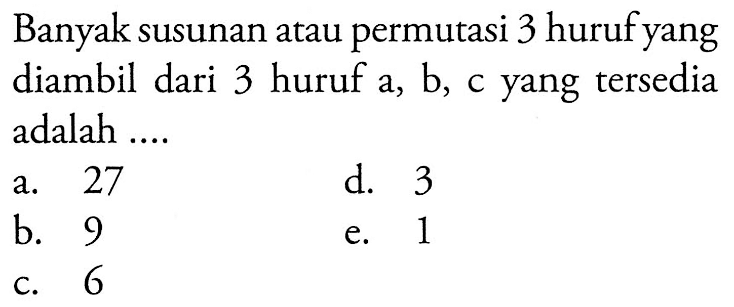 Banyak susunan atau permutasi 3 huruf yang diambil dari 3 huruf a, b, c yang tersedia adalah ....