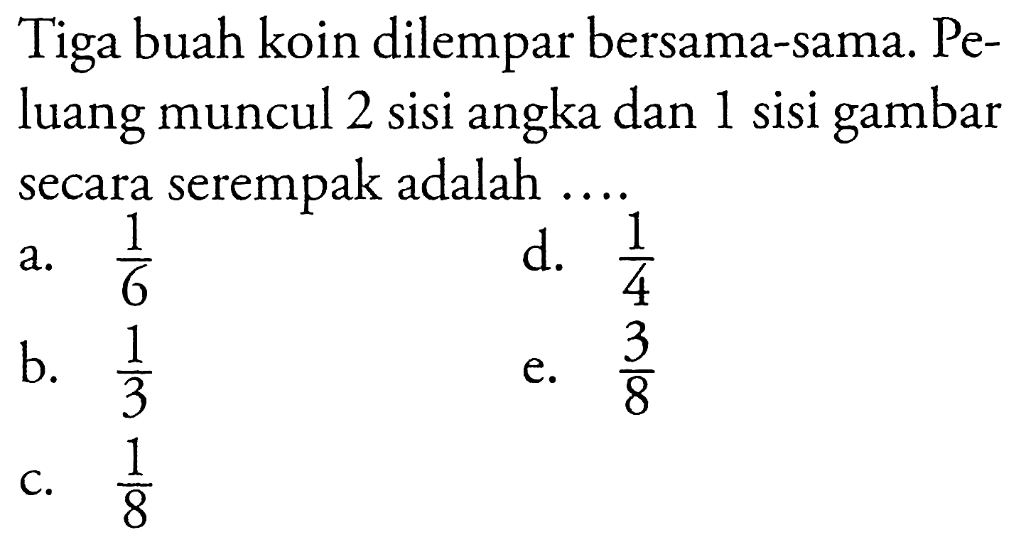 Tiga buah koin dilempar bersama-sama. Peluang muncul 2 sisi angka dan 1 sisi gambar secara serempak adalah ....
