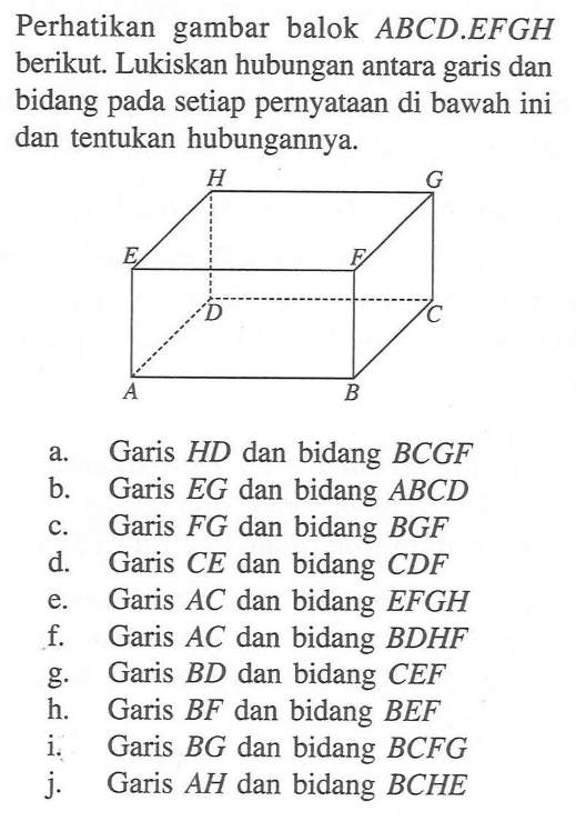 Perhatikan gambar balok ABCD.EFGH berikut. Lukiskan hubungan antara garis dan bidang pada setiap pernyataan di bawah ini dan tentukan hubungannya. H G E F D C A B a. Garis HD dan bidang BCGF b. Garis EG dan bidang ABCD c. Garis FG dan bidang BGF d. Garis CE dan bidang CDF e. Garis AC dan bidang EFGH f. Garis AC dan bidang BDHF g. Garis BD dan bidang CEF h. Garis BF dan bidang BEF i. Garis BG dan bidang BCFG j. Garis AH dan bidang BCHE