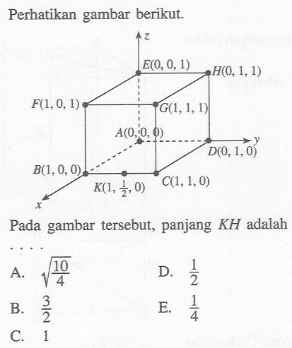 Perhatikan gambar berikut. z E(0, 0, 1) H(0, 1, 1) F(1,0,1) G(1,1,1) A(0, 0, 6) D(0, 1, 0) B(1 , 0, 0) C(1,1,0) K(1, 1/2, 0) Pada gambar tersebut, panjang KH adalah ...